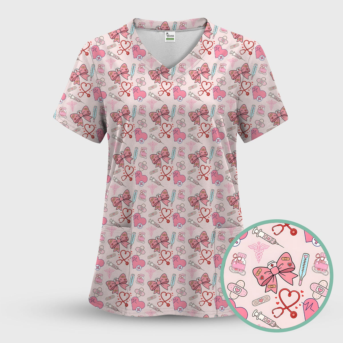 Pink Nurse Bow Heart Scrub Set