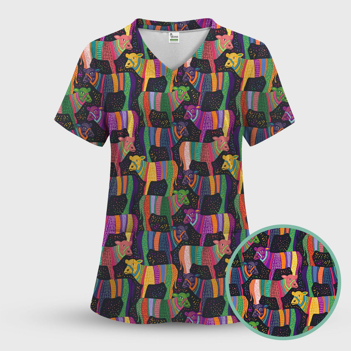 Vibrant Patchwork Rainbow Cow Nurse Scrub Set