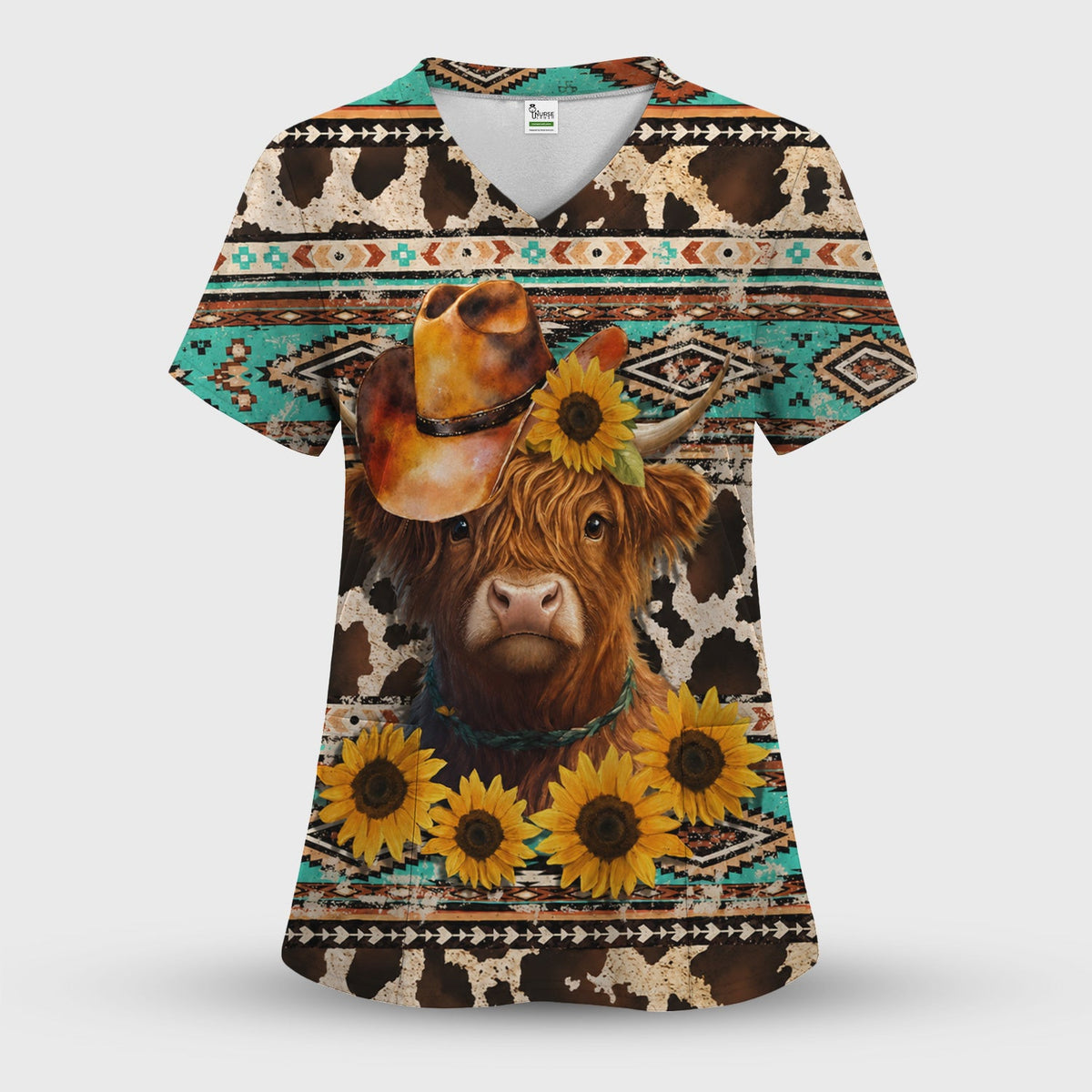 Western Highland Cow Sunflowers Nurse Scrub Top