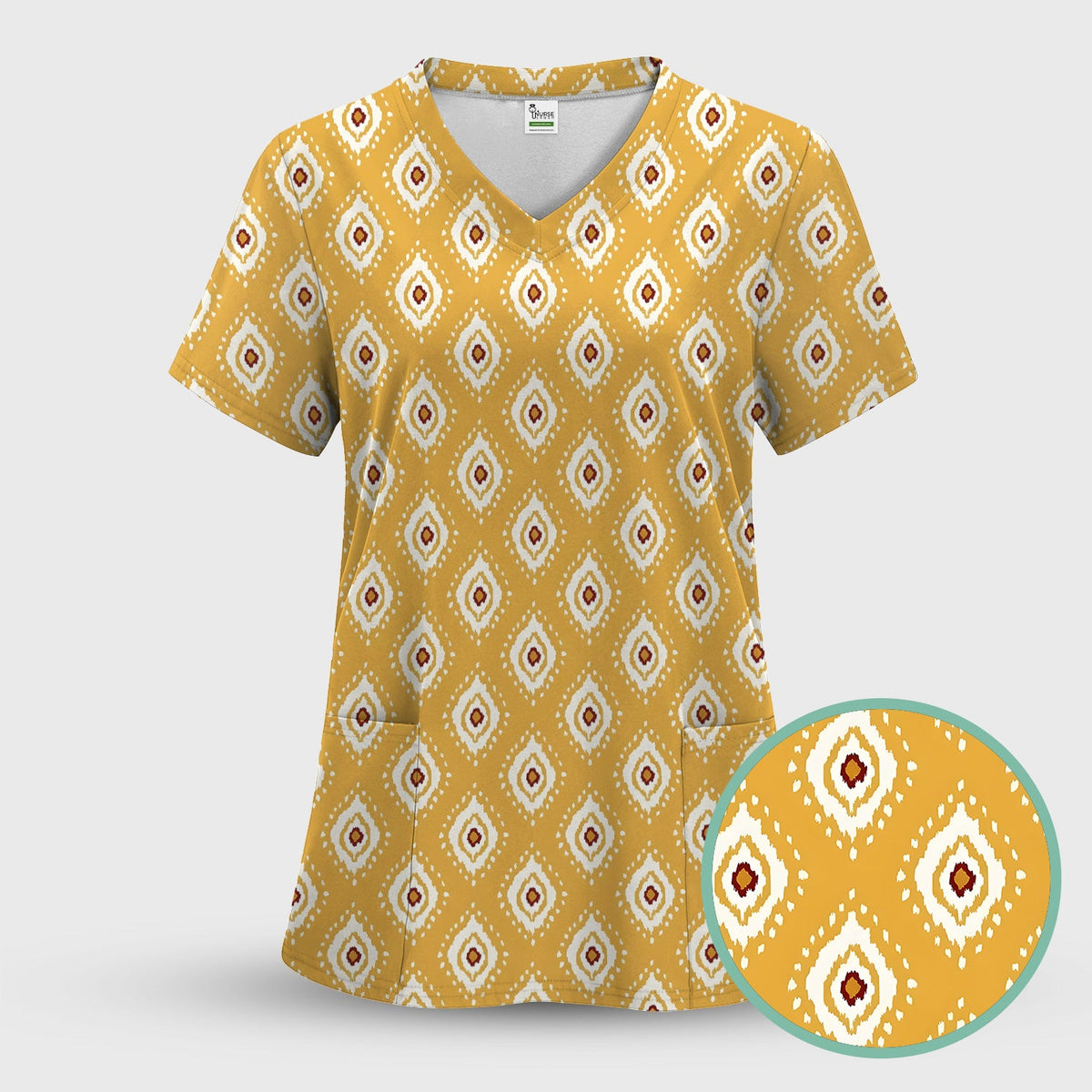 Mustard Geometric Ikat Nurse Scrub Set