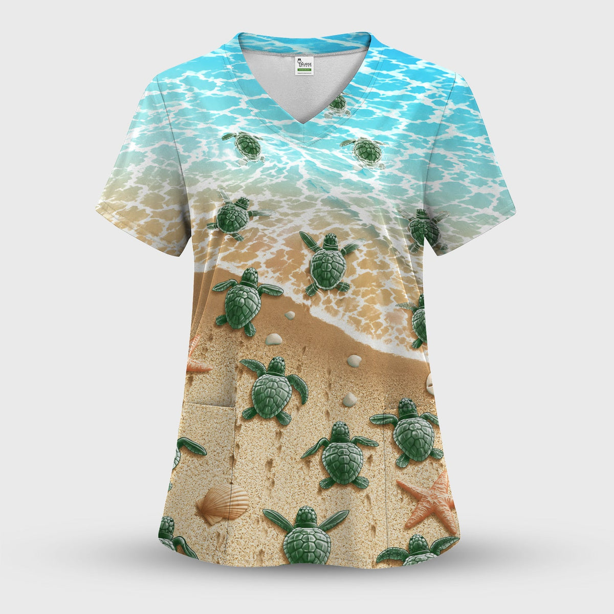 Coastal Sea Turtle Beach Pattern Scrub Set, Scrub Pants and V Neck Top
