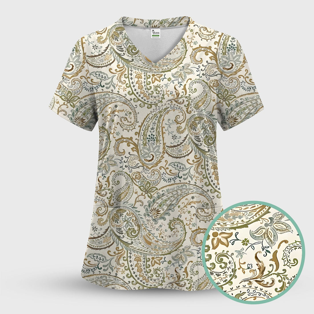 Elegant Sage Green Vintage Paisley Floral Vine Nurse Scrub Top