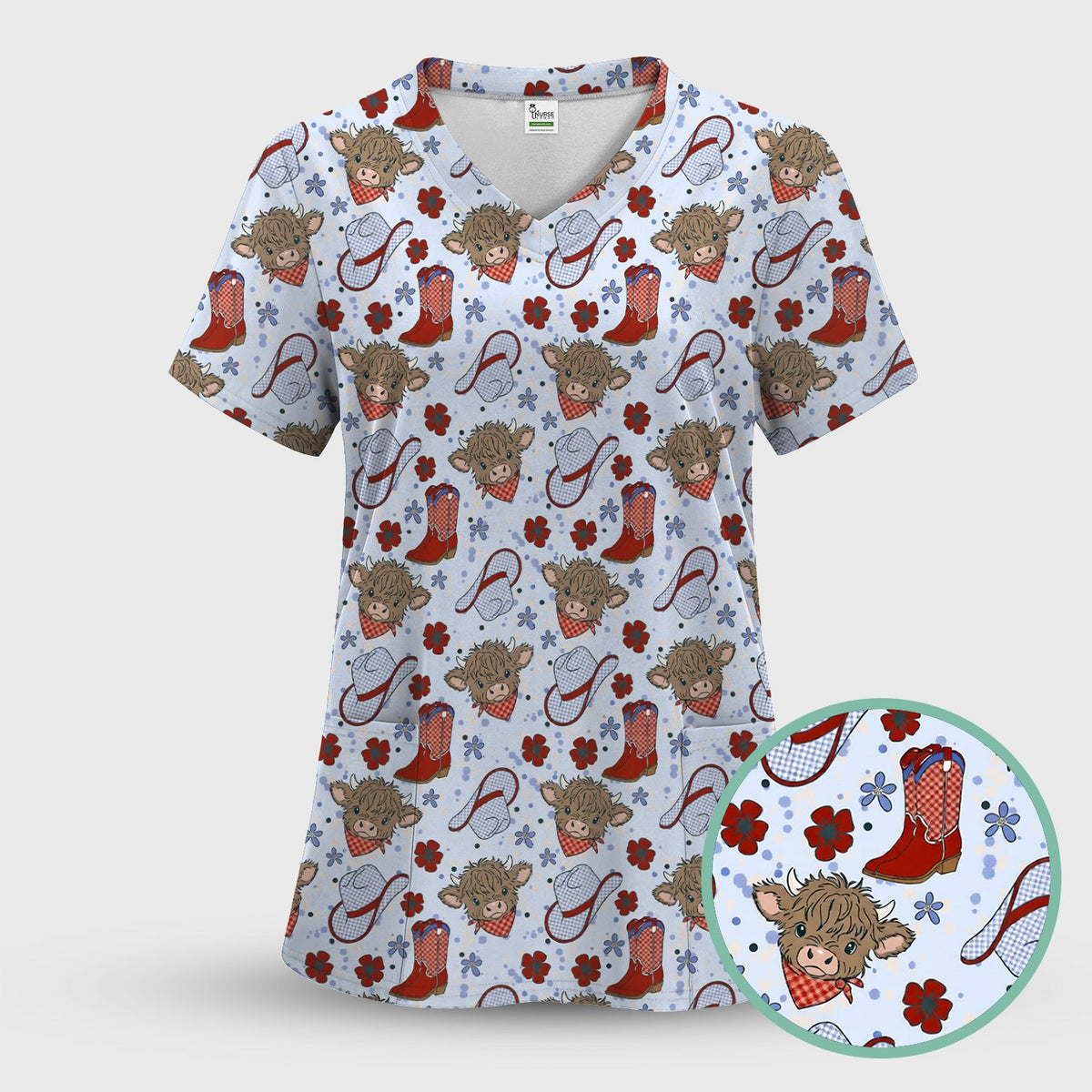Highland Cow Cowboy Boots Nurse Scrub Set