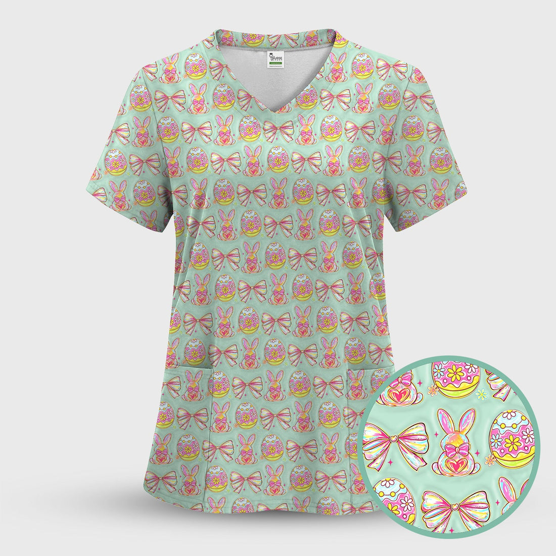Bunny Pastel Egg Bow Nurse Scrub Top - Easter Gift