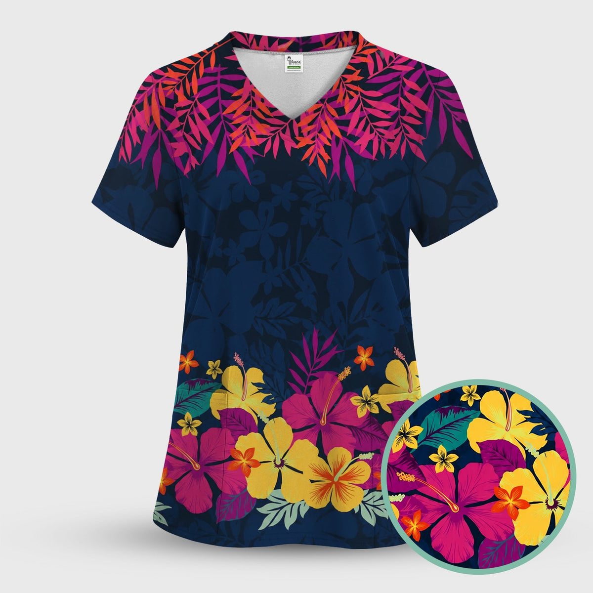 Tropical Hibiscus Palm Leaf Nurse Scrub Top