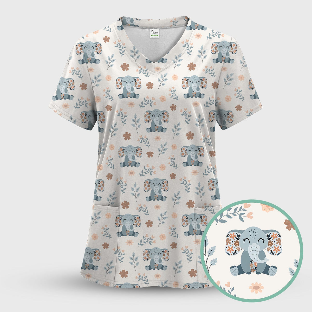 Cute Elephant Floral Print Scrub Set, Scrub Pants and V Neck Top