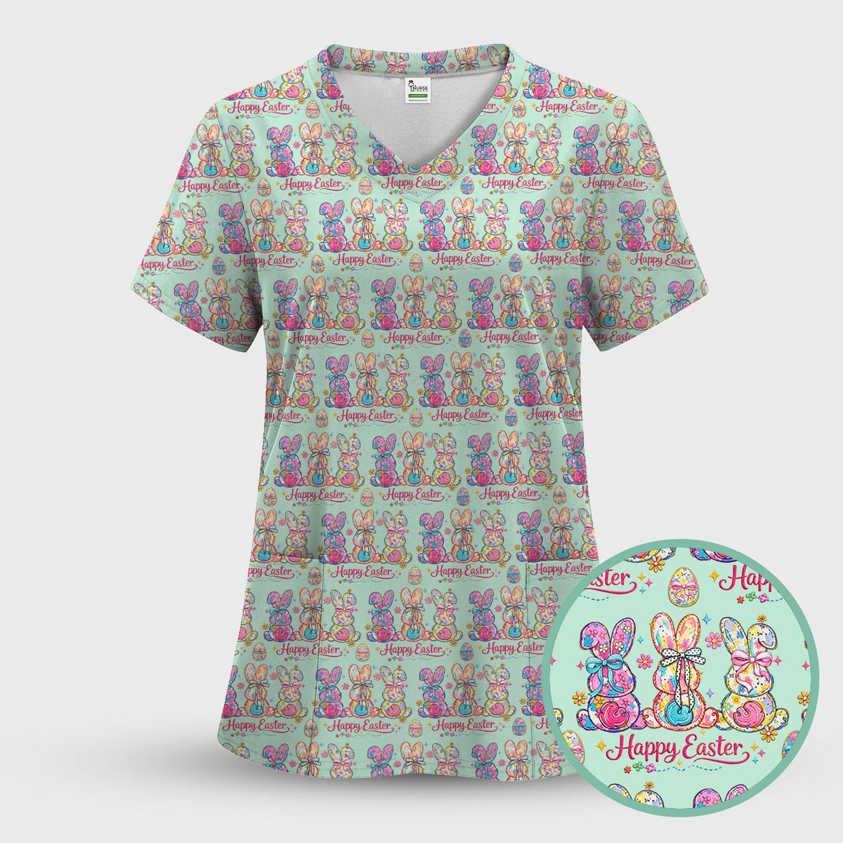 Pink Happy Easter Bunny Pattern Scrub Top, Comfortable Scrubs for Nurses