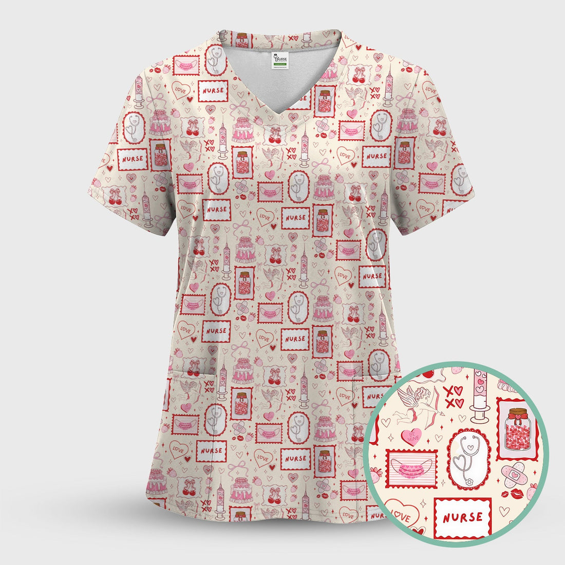 Hearts Syringes Nurse Scrub Top - Valentines Day Gift