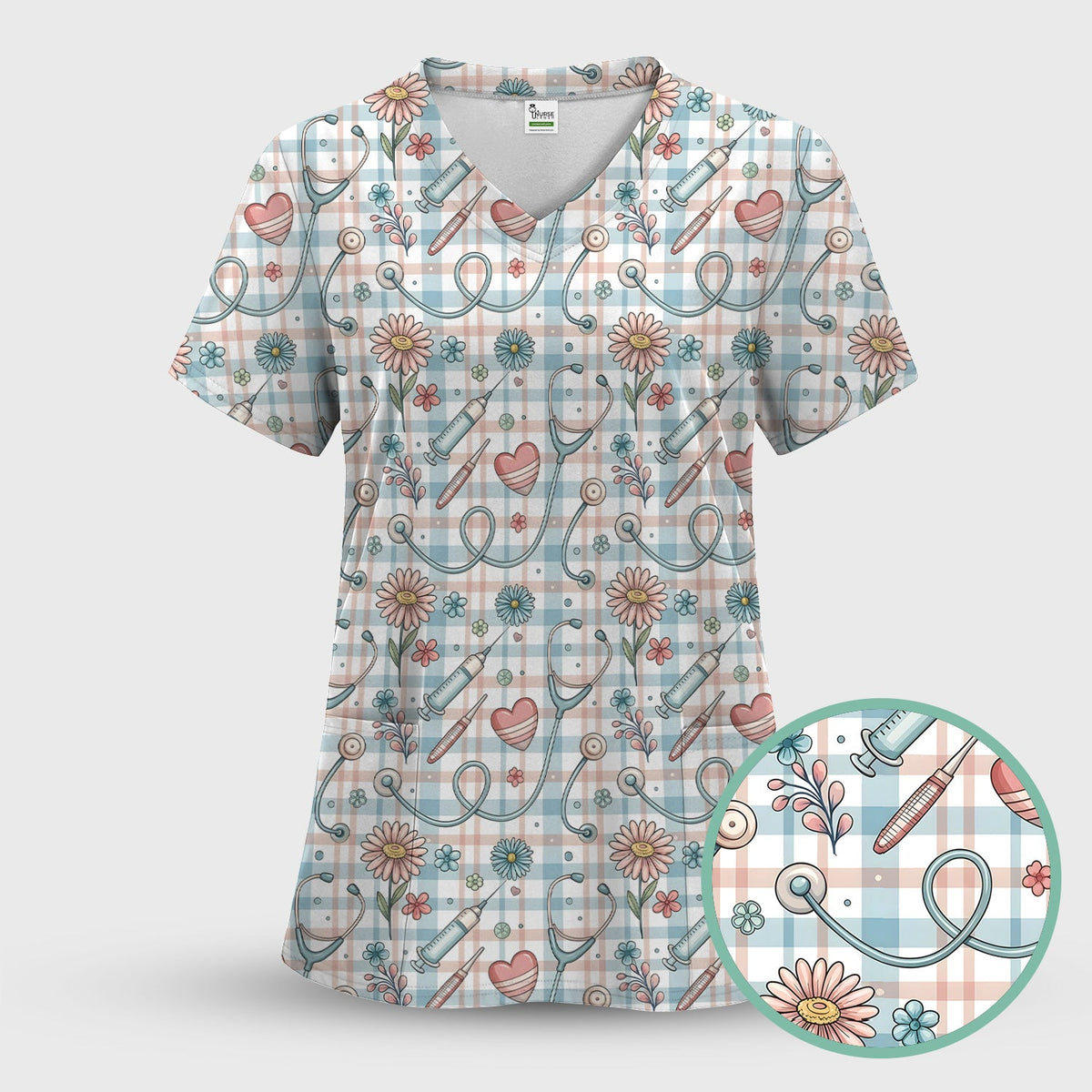 Stethoscope Heart Syringe Floral Plaid Nurse Scrub Set