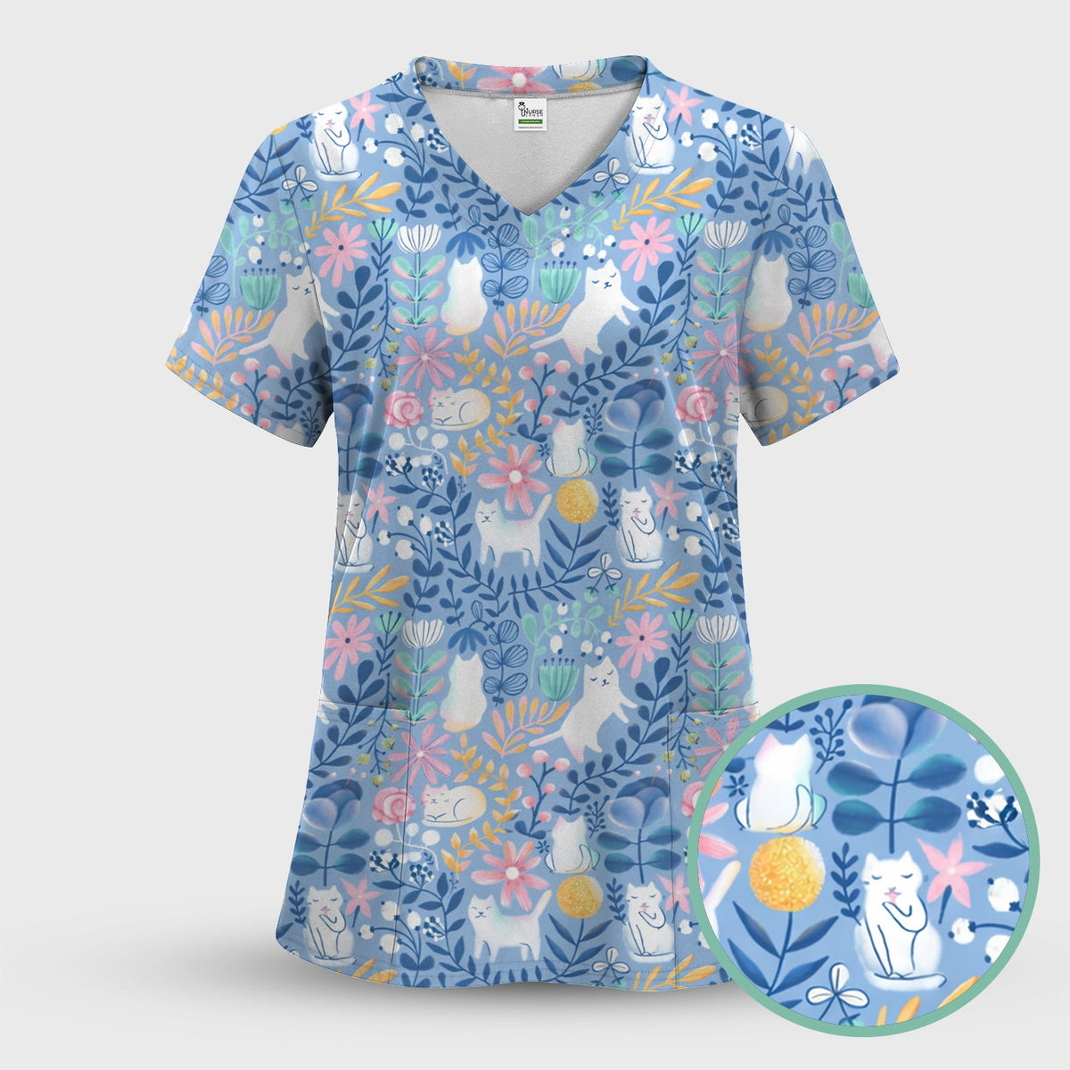 Whimsical Cat Floral Nurse Scrub Set
