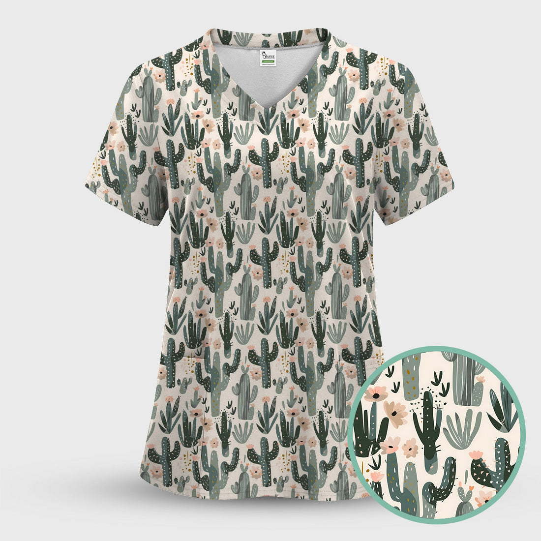 Green Cactus Desert Blossom Nurse Scrub Top