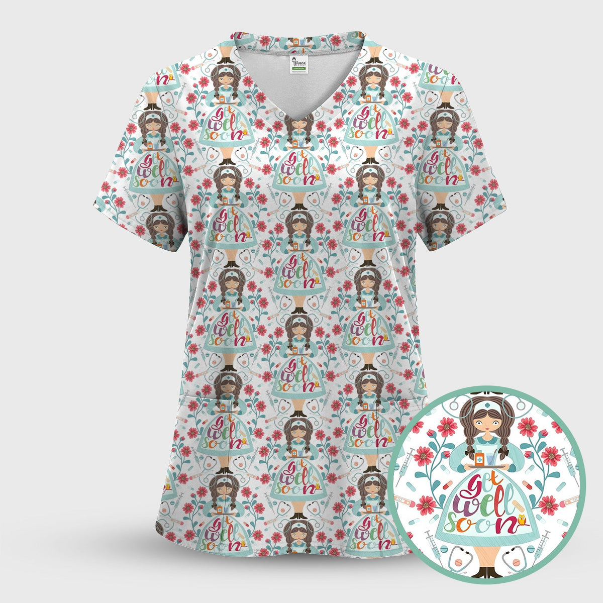 Get Well Soon Girl Floral Nurse Scrub Top