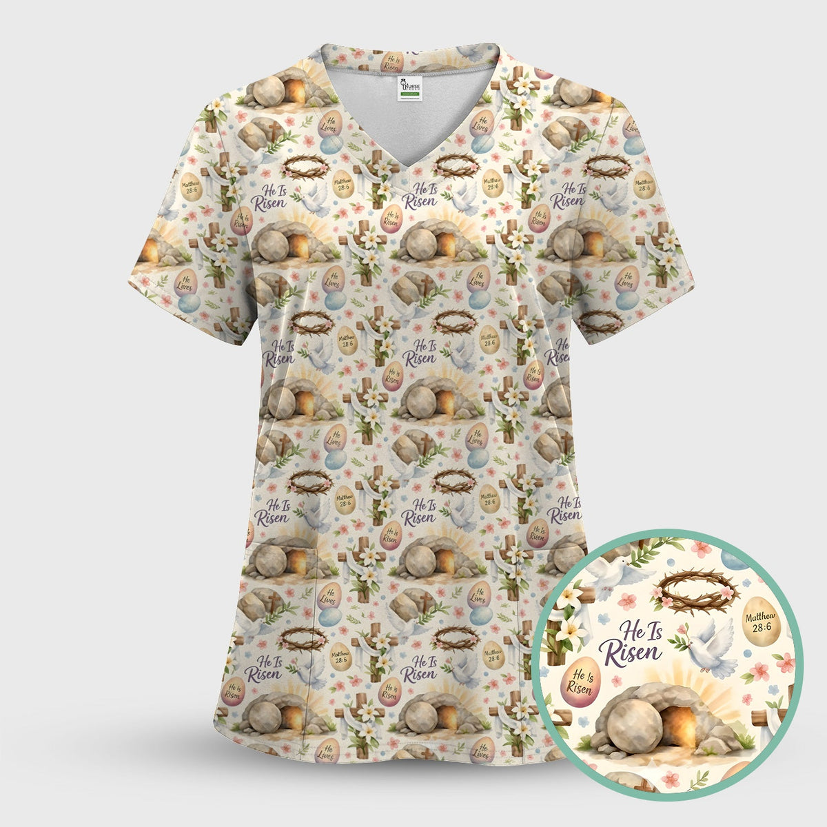 Risen Cross Tomb Lily Nurse Scrub Set - Easter Gift