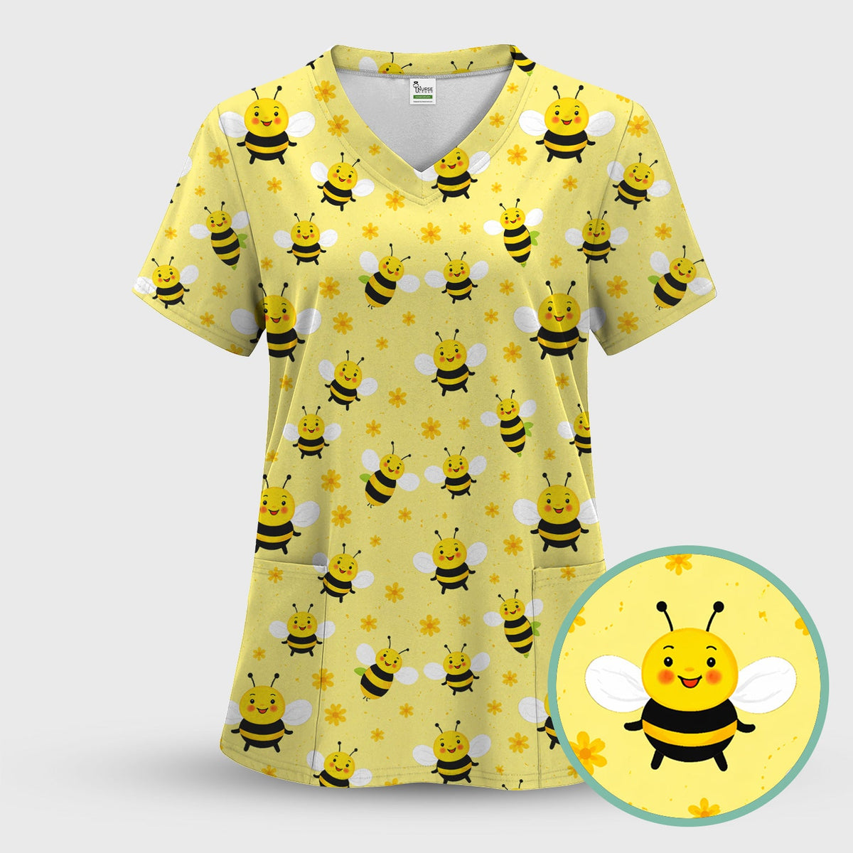 Cute Smiling Bee Yellow Floral Print Sets, Breathable Med Uniform