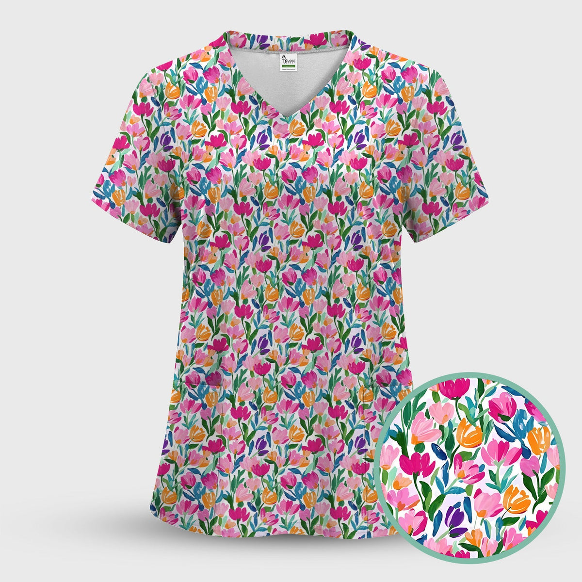 Vibrant Tulip Meadow Pattern Scrub Top, Breathable Fabrics Nursing Uniform