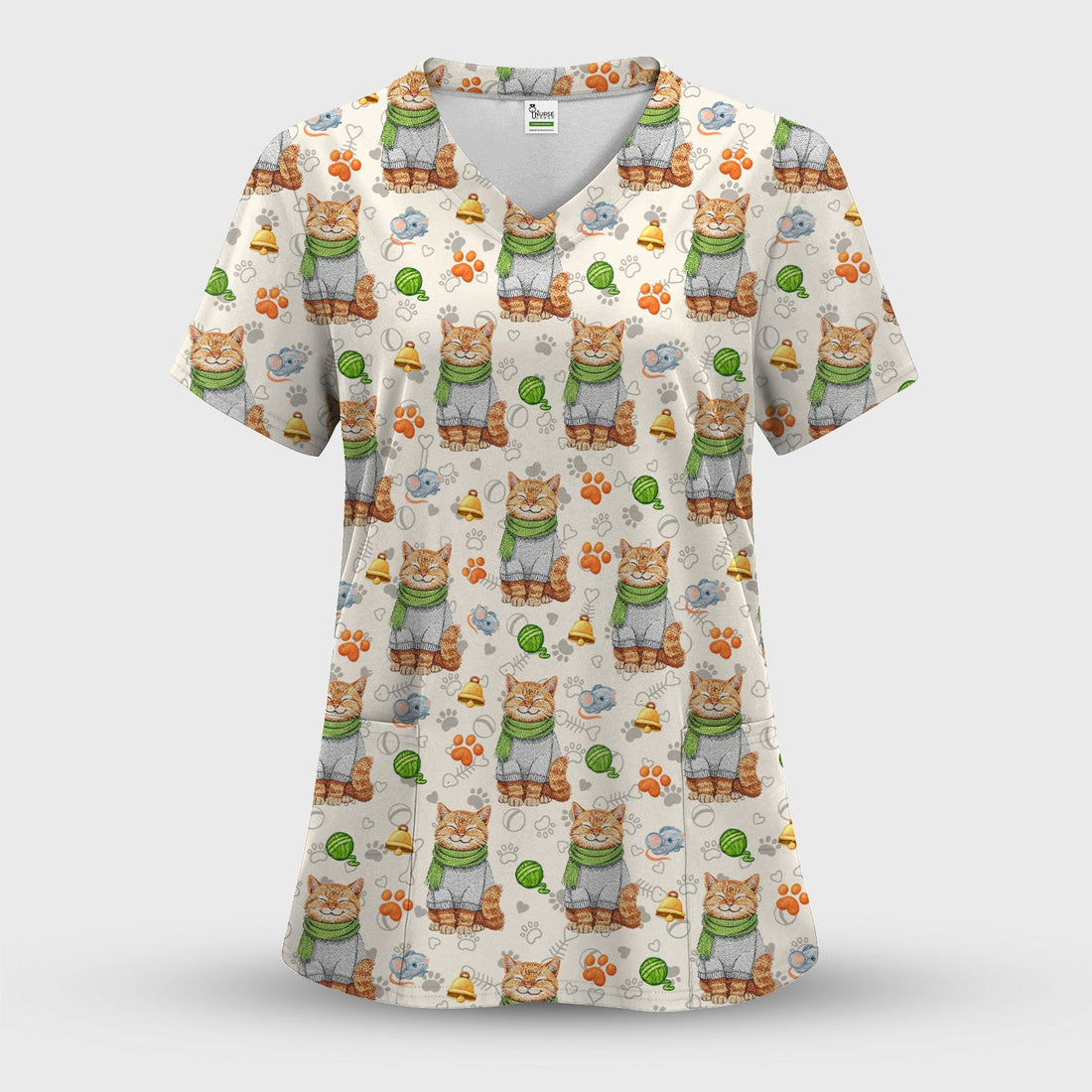 Adorable Cat Lover Nurse Scrub Top, Cute Cat Medical Pattern Shirt, Breathable Fabrics Nursing Uniform
