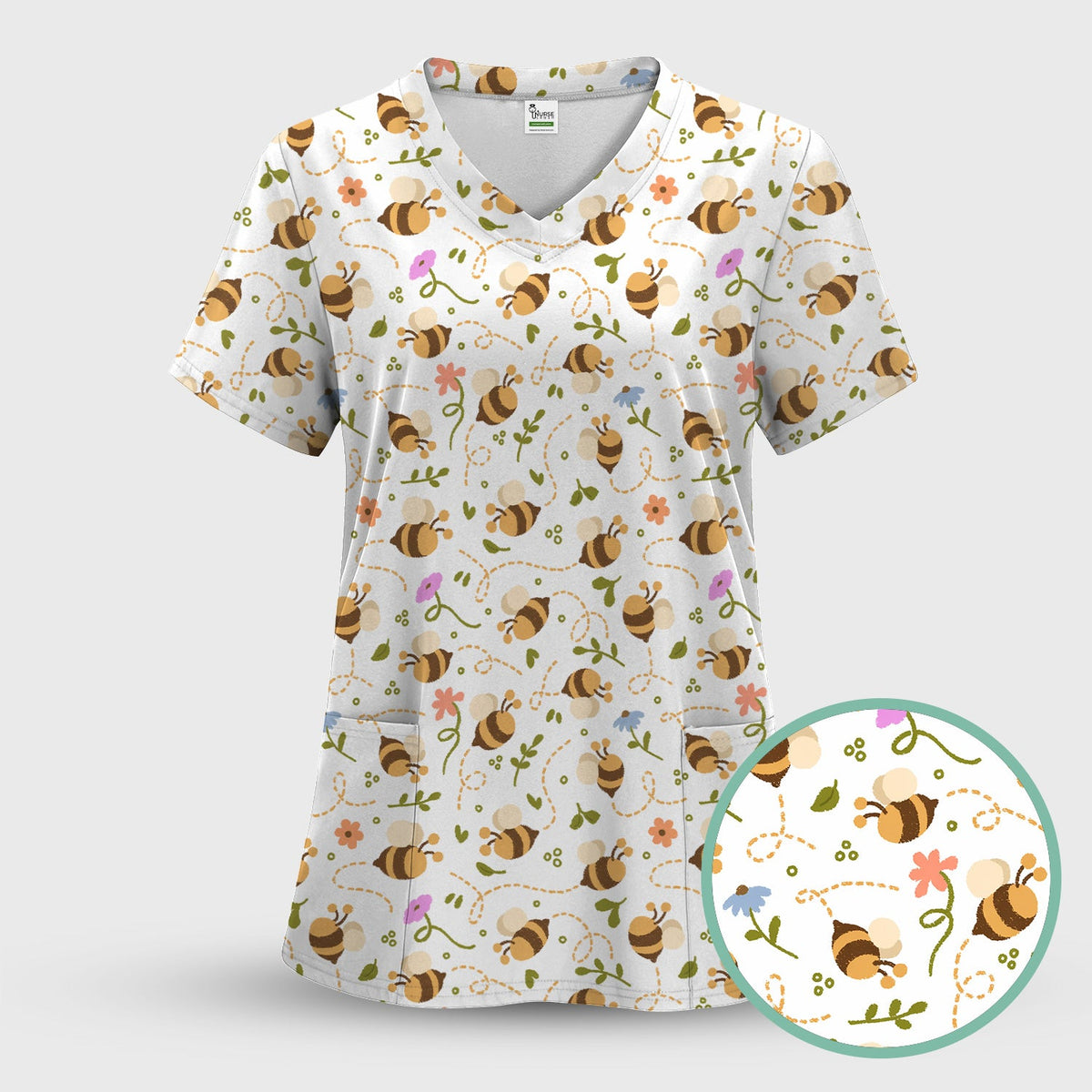 Bee Flying Floral Trail Garden Nurse Scrub Set