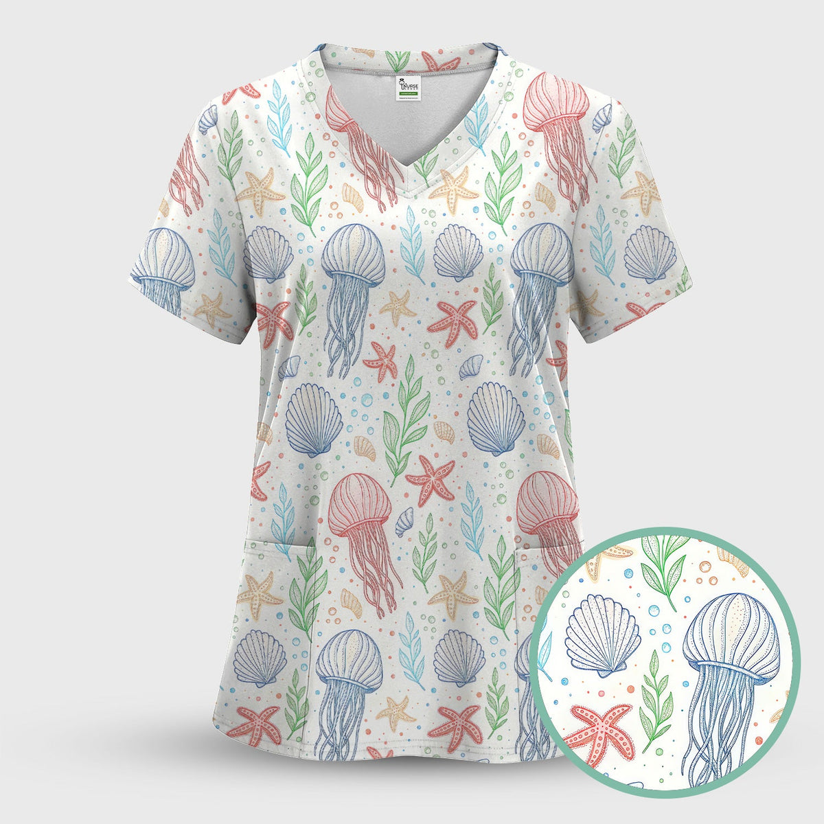 Ocean Jellyfish Starfish Seashell Nurse Scrub Top