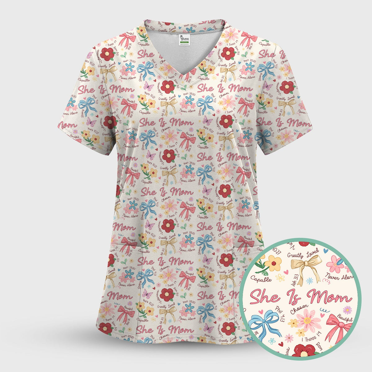 She Is Mom Flower Bow Nurse Scrub Set