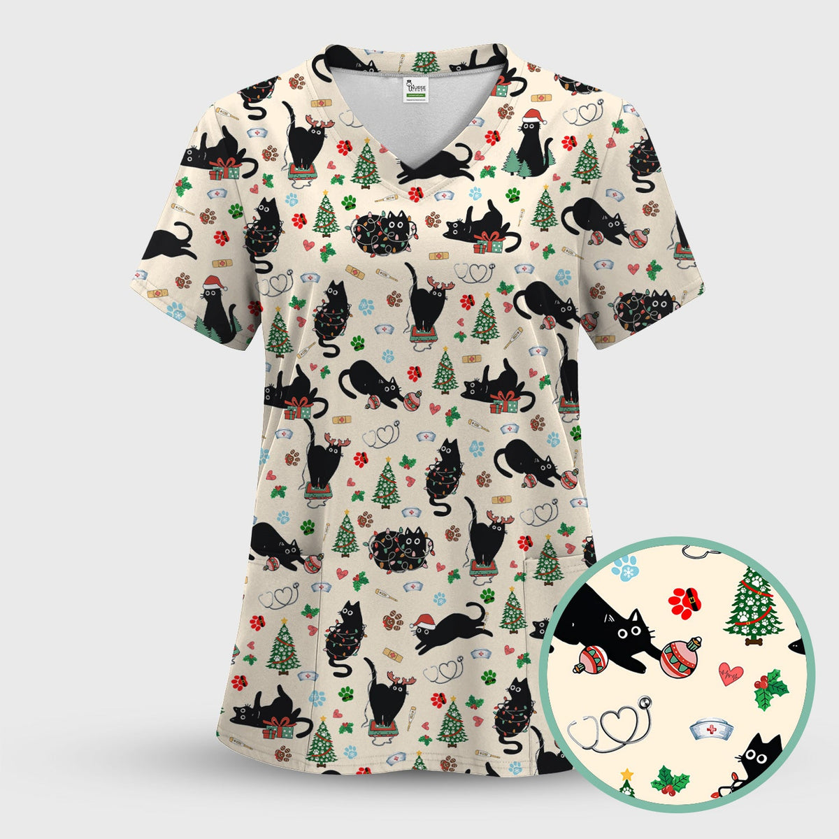 Black Cat Christmas Nurse Scrub Set, Festive Kitty Medical Uniform for Women