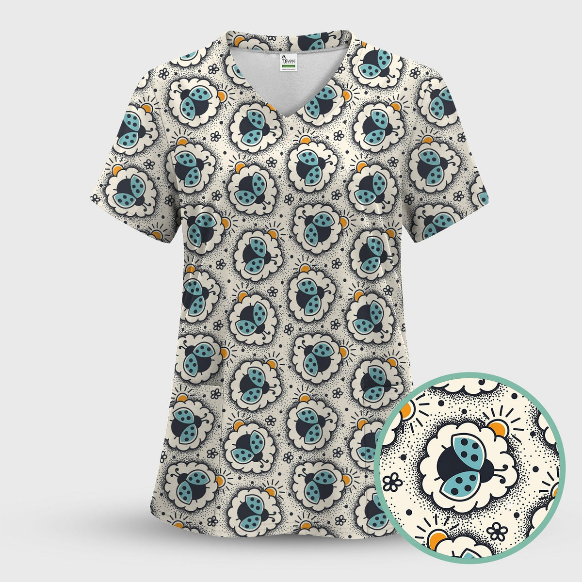Ladybug Floral Frame Nurse Scrub Set
