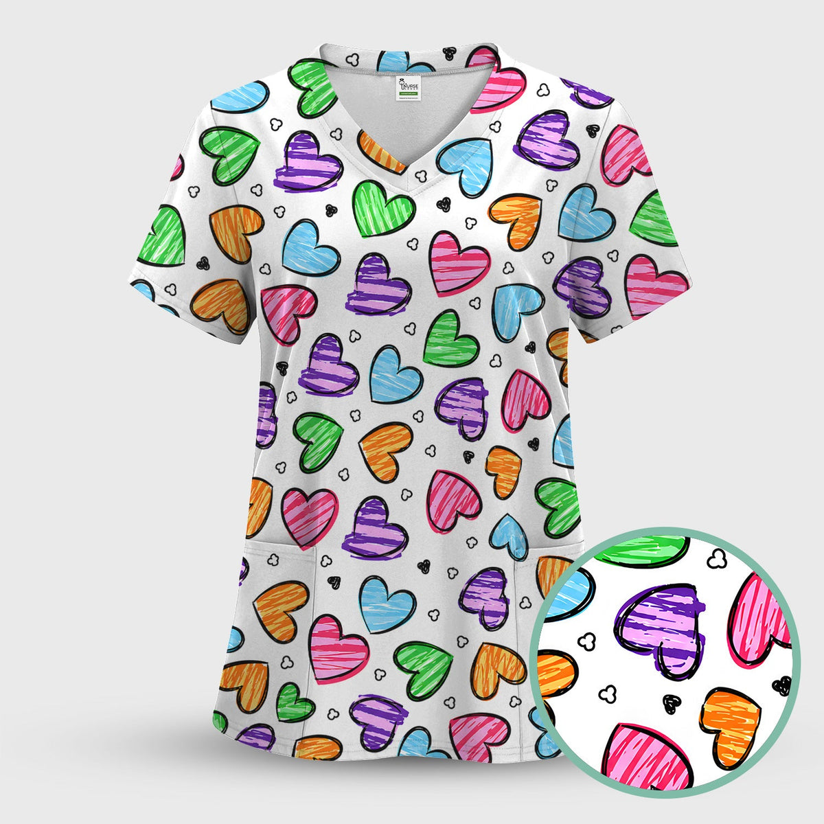 Colorful Doodle Heart Nurse Scrub Set