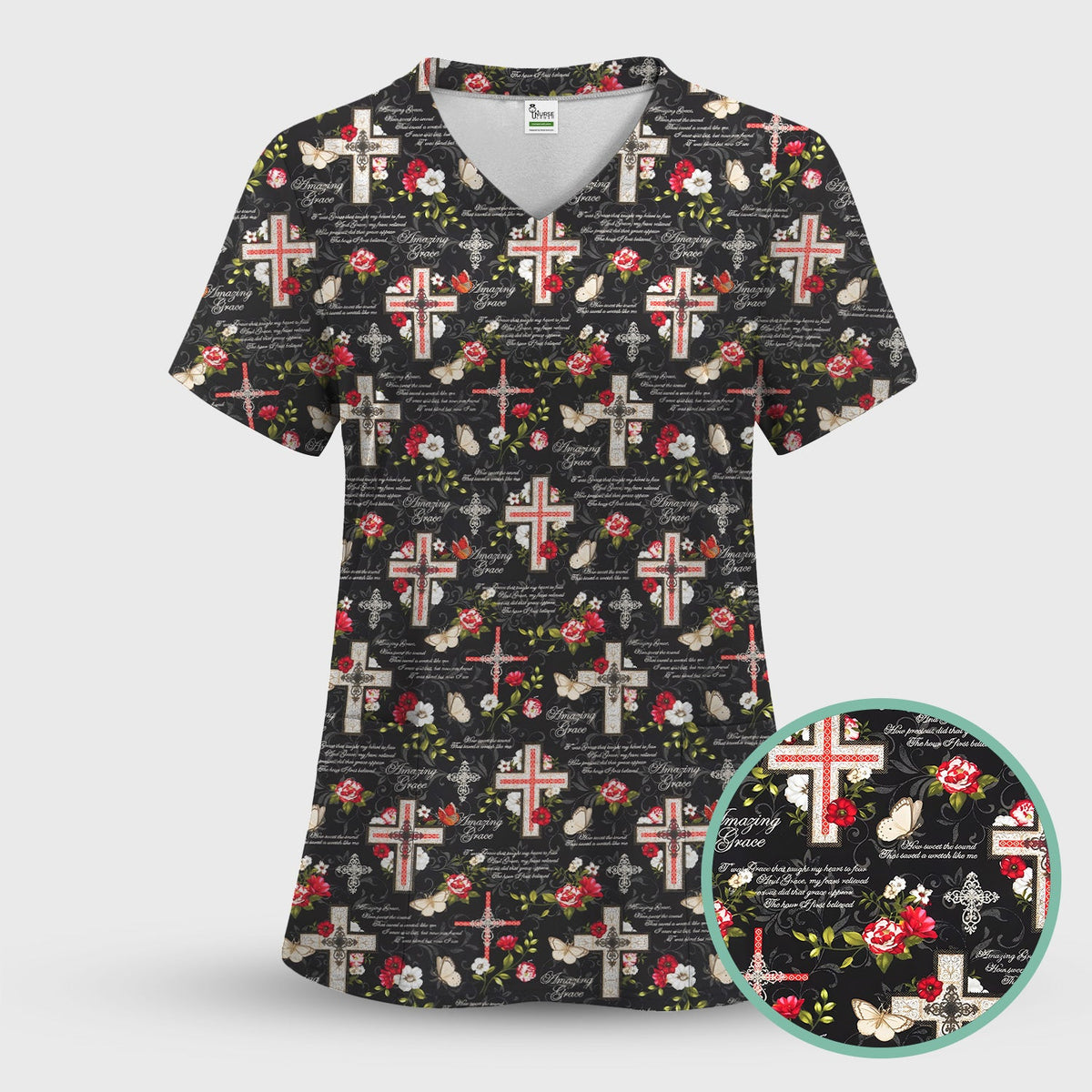 Christian Cross Roses And Butterflies Nurse Scrub Top