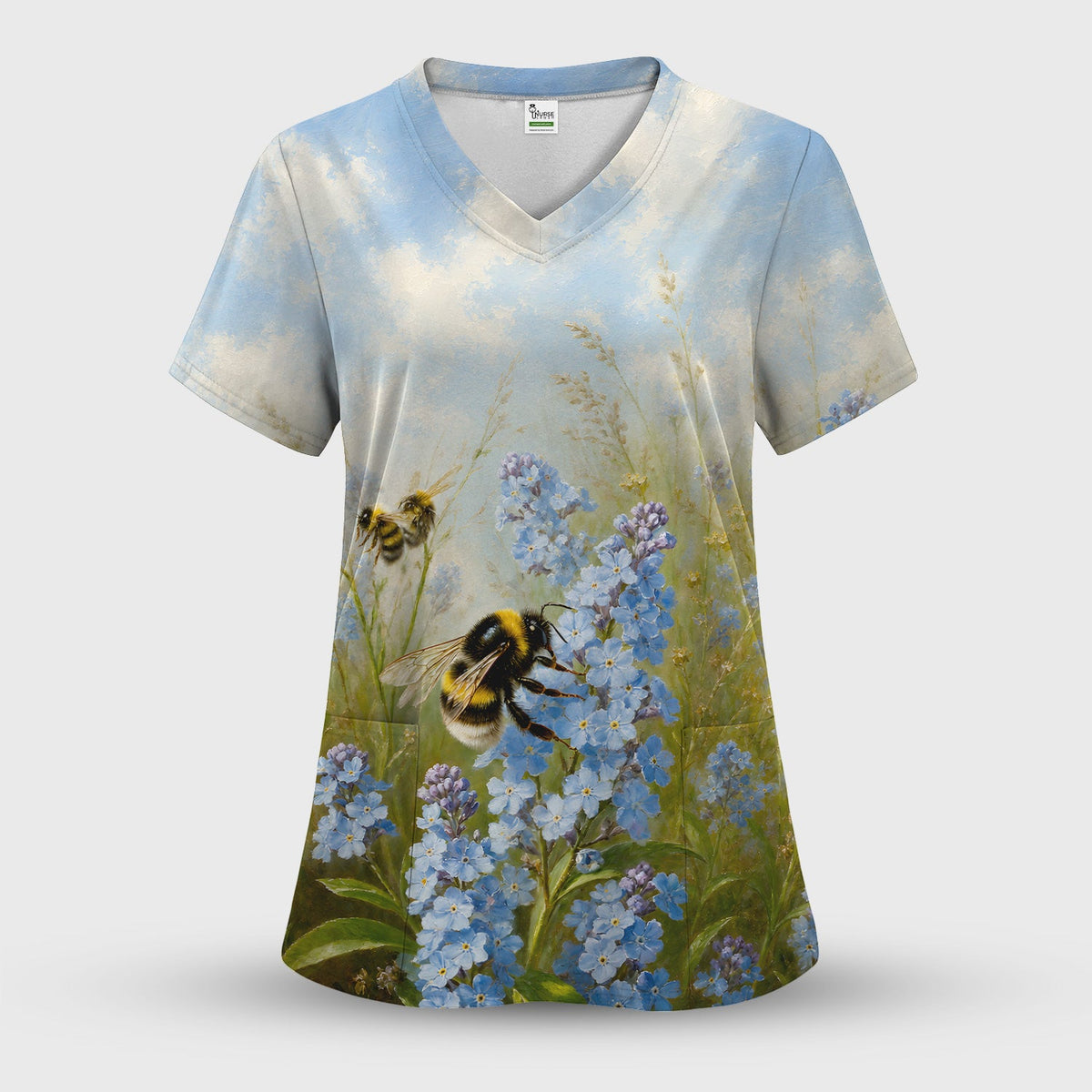 Whimsical Bumblebee Blue Blossom Nurse Scrub Top