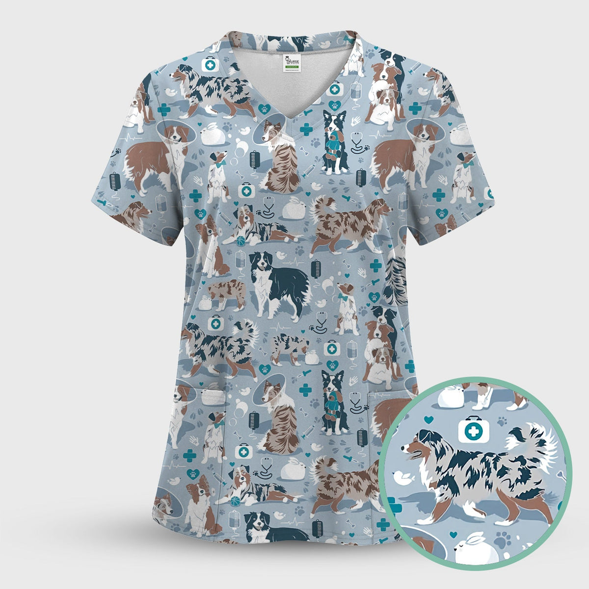 Cute Dog Pattern Veterinary Scrub Top, Breathable Fabrics Nursing Uniform