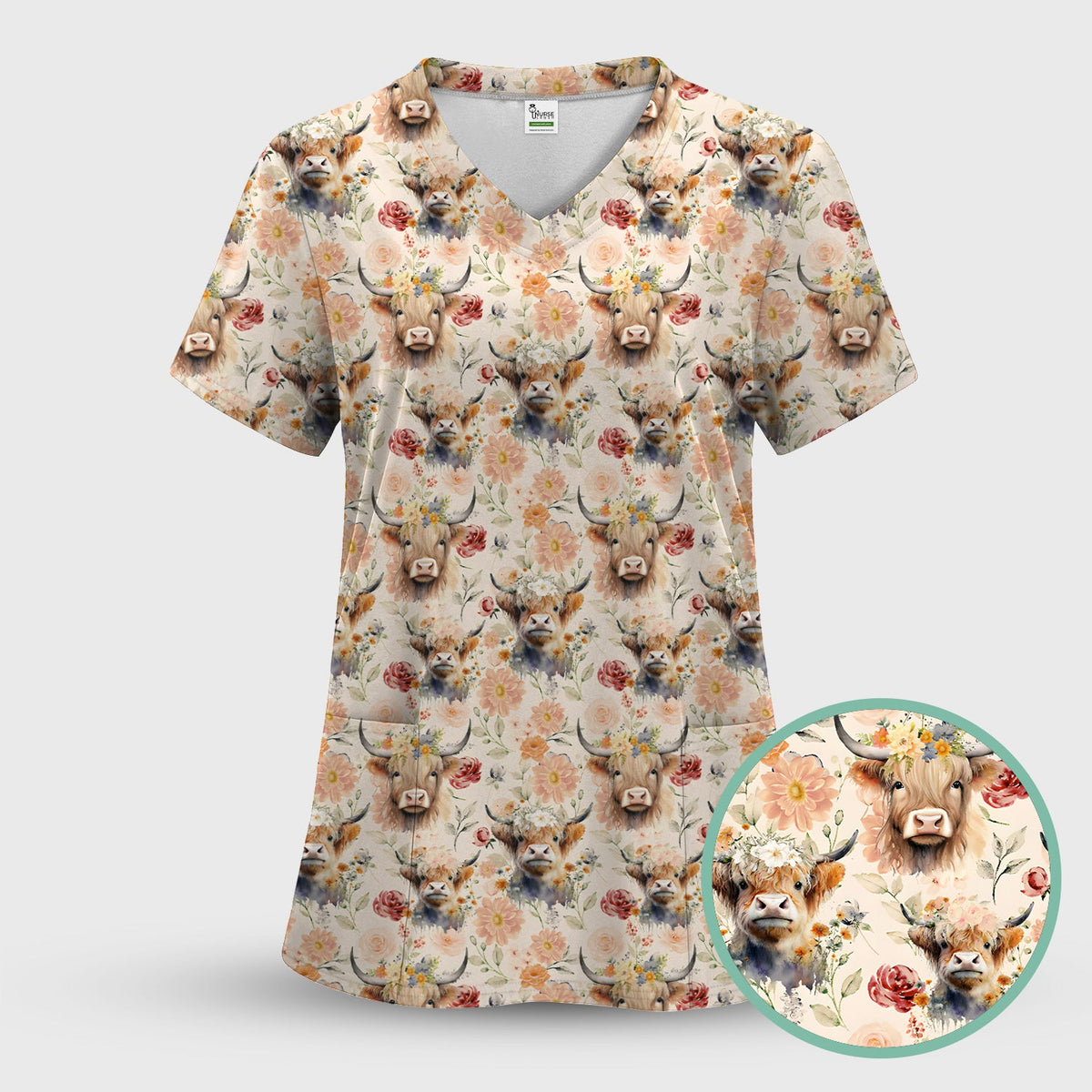 Highland Cow Floral Nurse Scrub Set