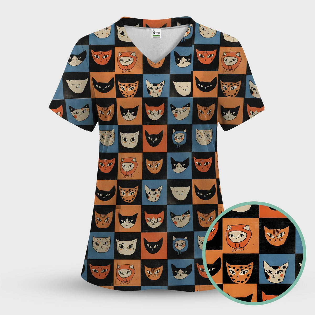 Retro Cat Checkerboard Nurse Scrub Set