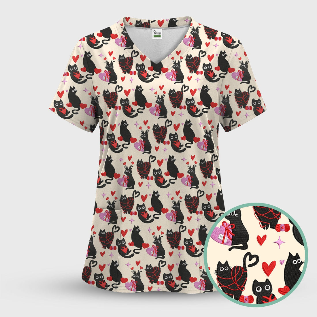 Valentine's Day Black Cat Heart Nurse Scrub Top