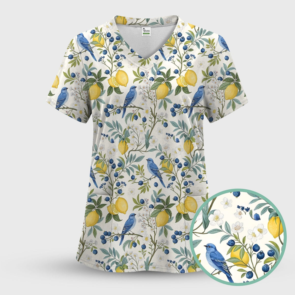 Cute Bluebird Lemon Berry Nurse Scrub Set