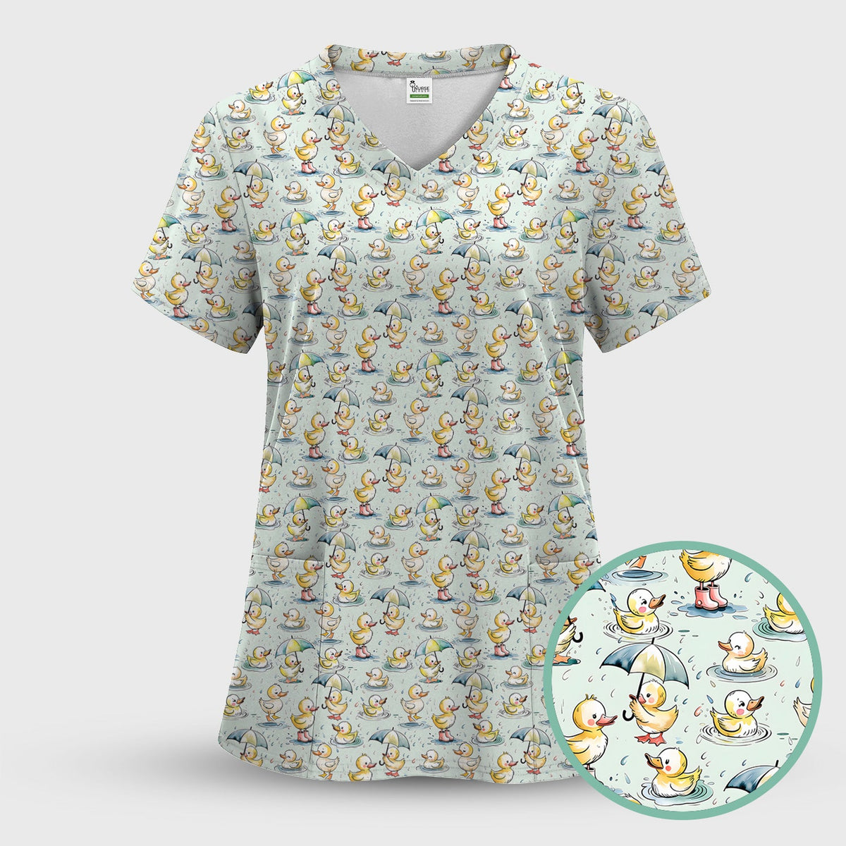 Playful Duck Rain Umbrella Print Women's Scrub Set, Breathable Med Uniform