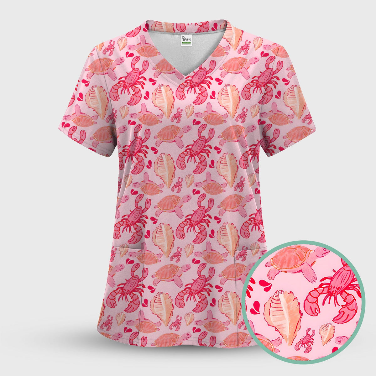 Pink Sea Turtle Lobster Shell Nurse Scrub Top