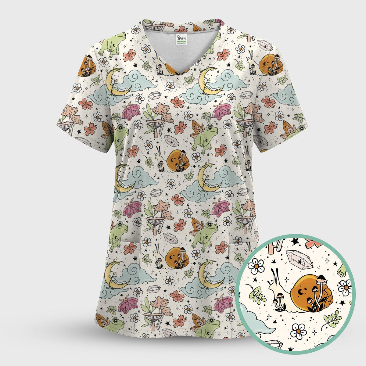 Whimsical Frog Moon Mushroom Nurse Scrub Top