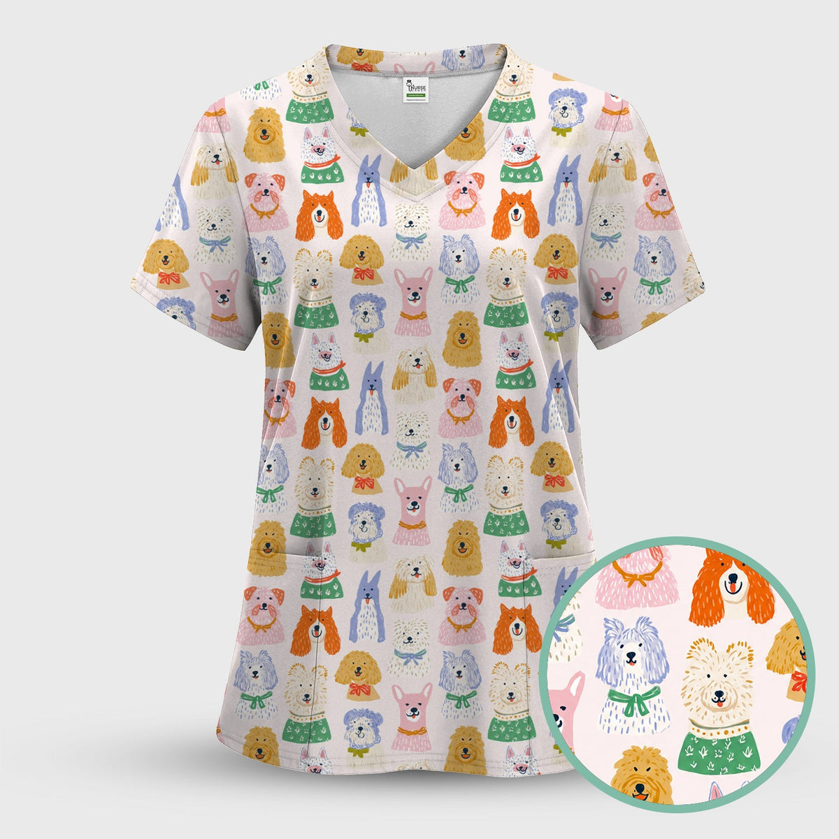 Colorful Dog Faces Cartoon Nurse Scrub Top