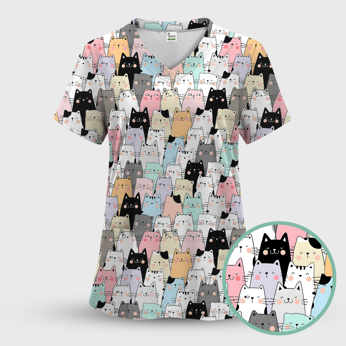 Cartoon Cat Crowd Nurse Scrub Set