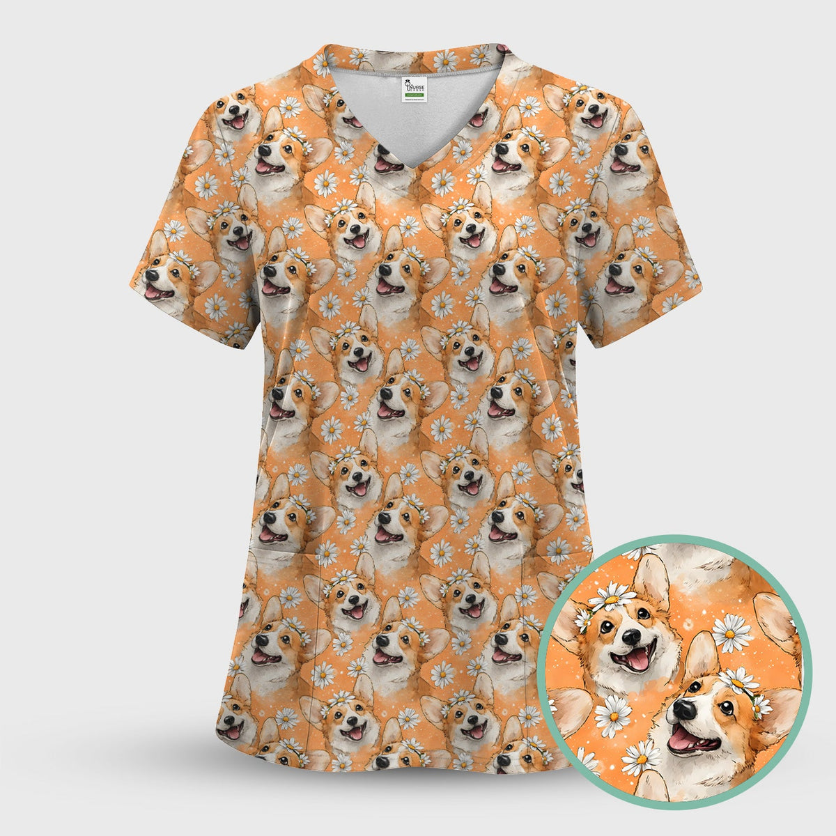 Corgi Daisy Floral Orange Nurse Scrub Set