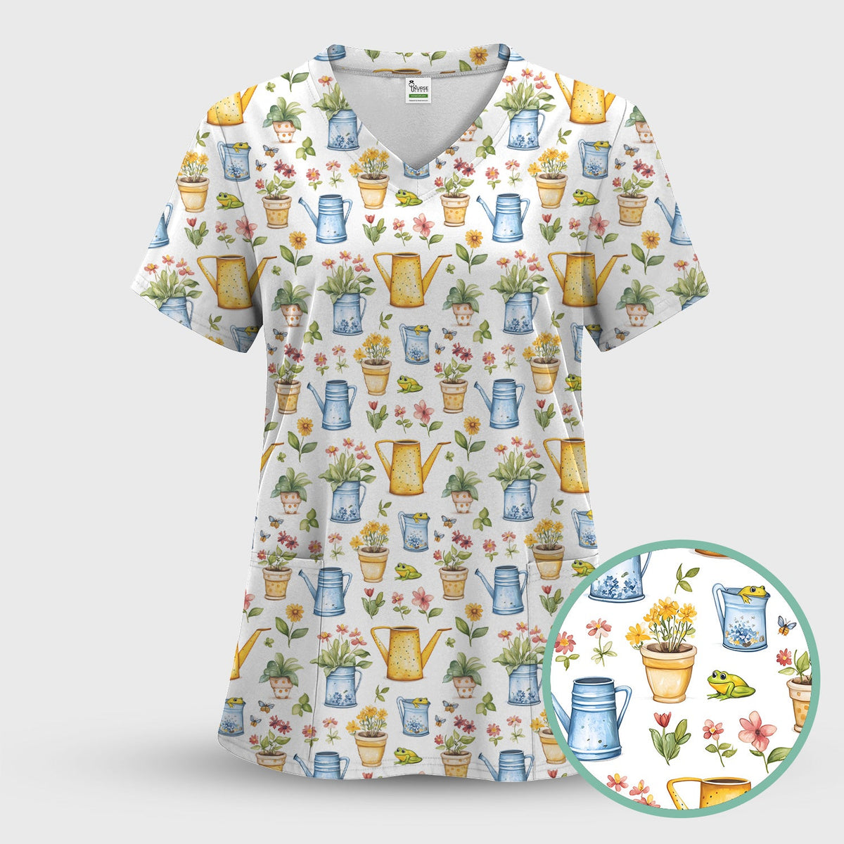 Watering Can Flower Pot Garden Nurse Scrub Top