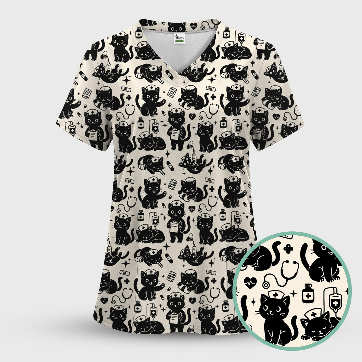 Cute Black Cat Nurse Pattern Scrub Top, Breathable Fabrics Nursing Uniform