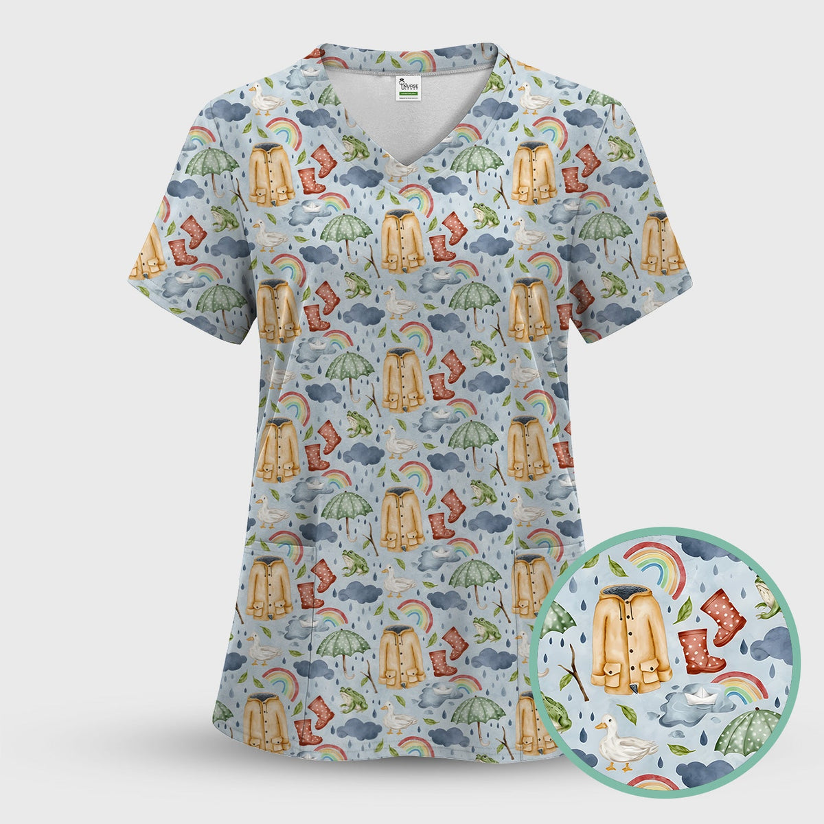 Rainy Day Ducks & Frog Nurse Scrub Top