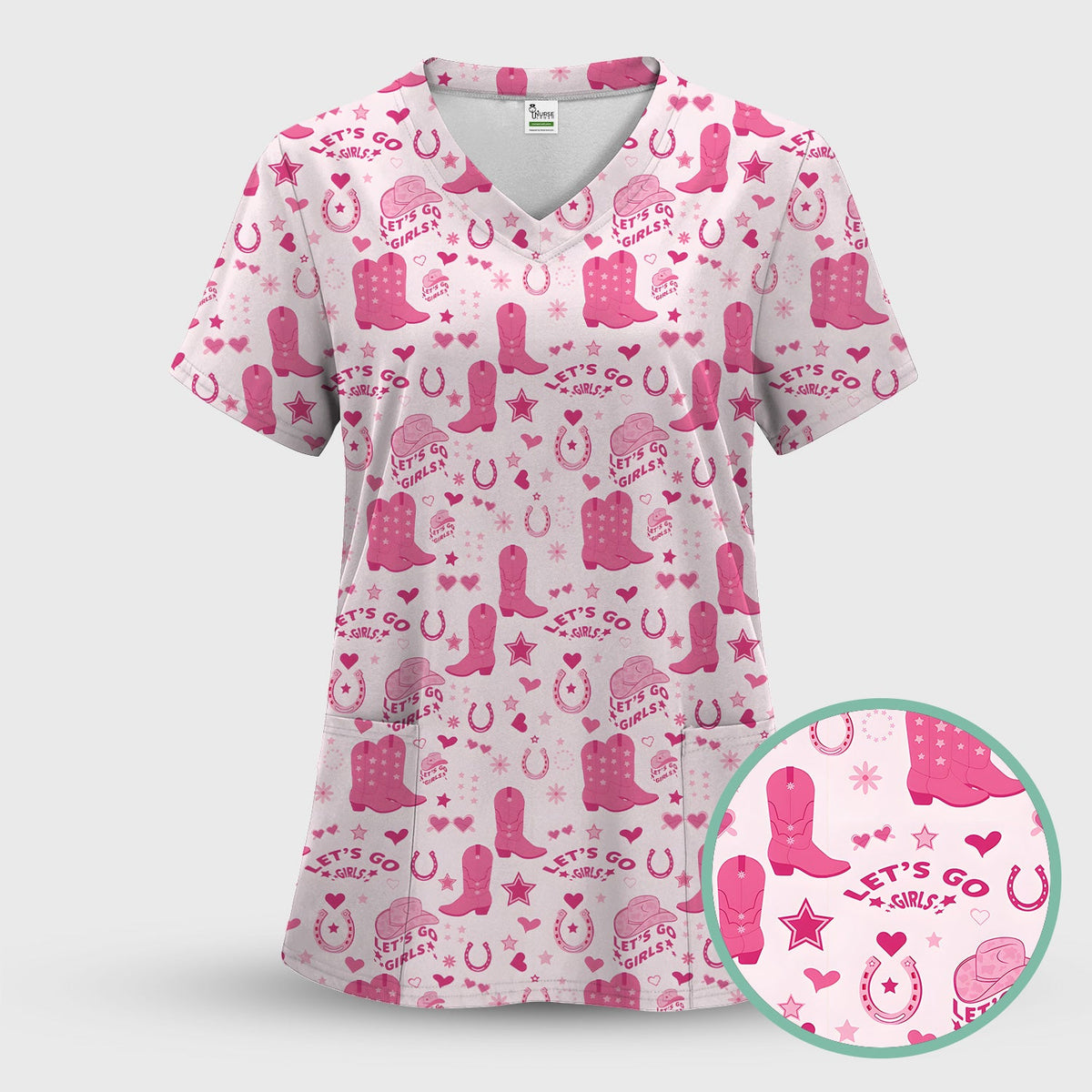 Pink Cowgirl Boots Nurse Scrub Top