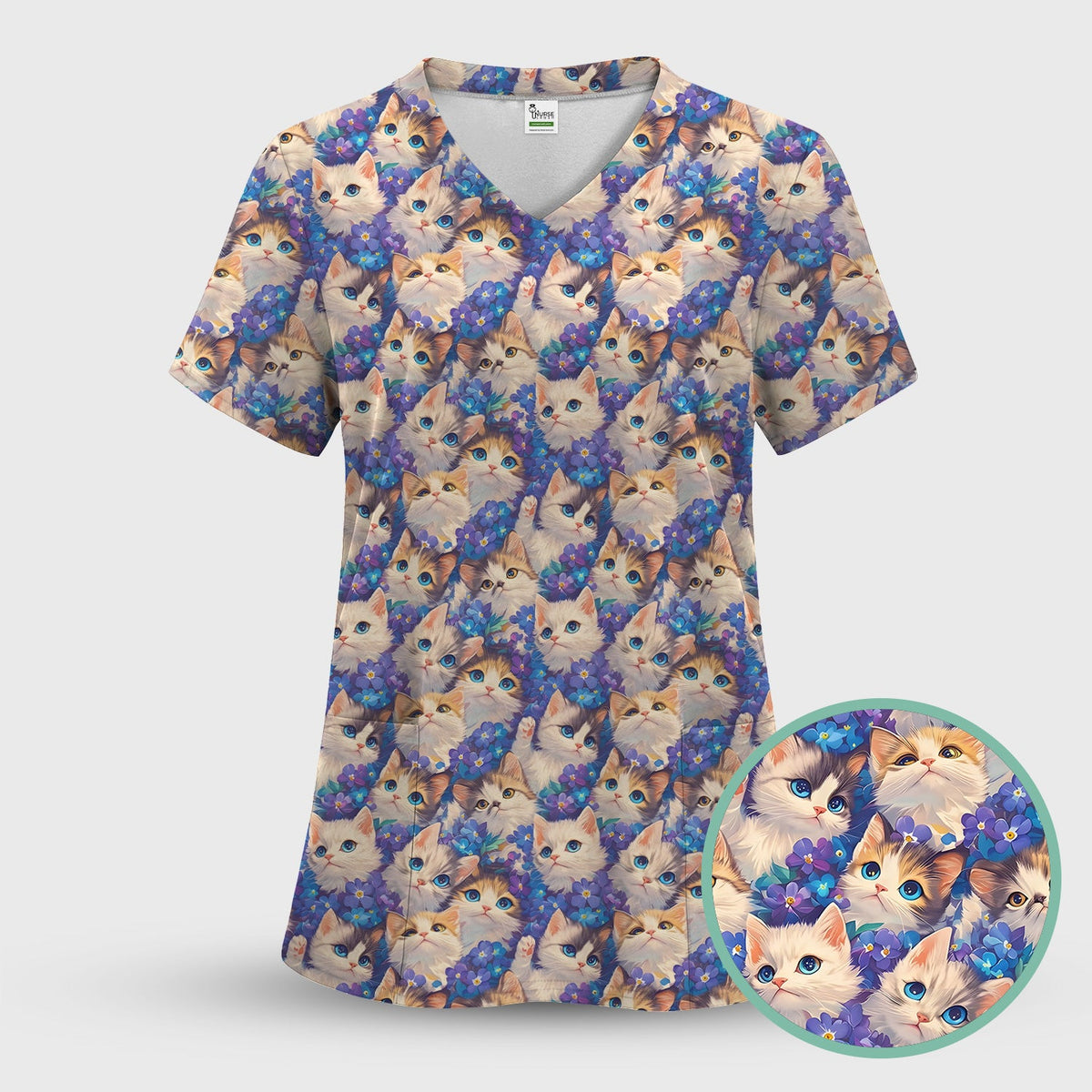 Cute Blue Eyed Kitten Nurse Scrub Top