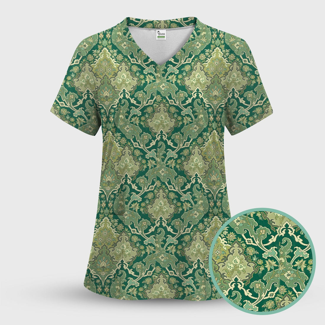 Green Vintage Damask Ornamental Nurse Scrub Top