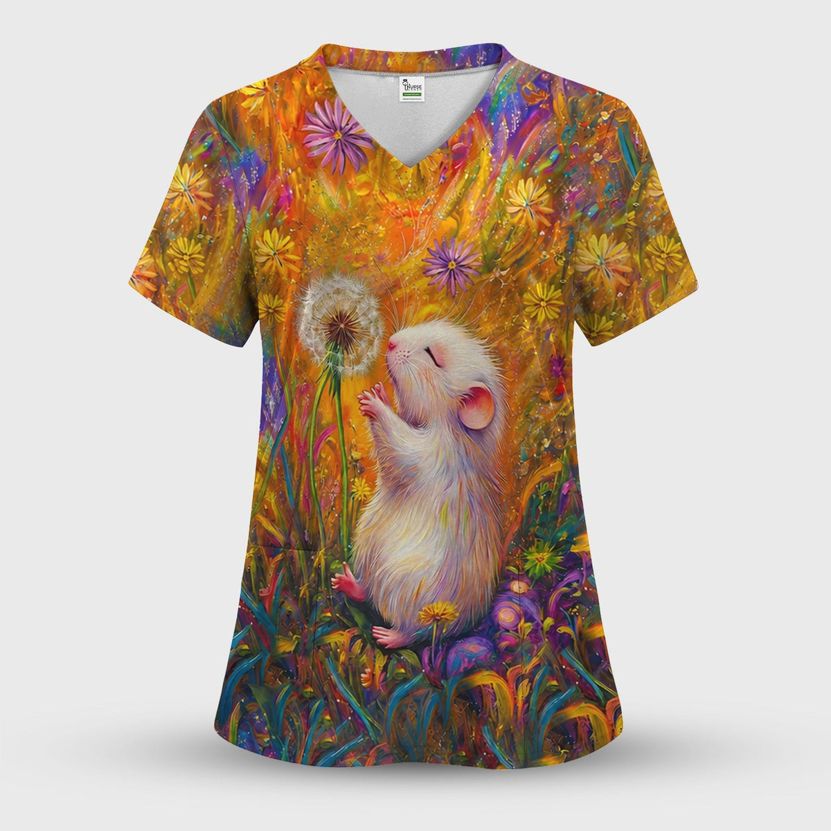 Whimsical Mouse Dandelion Nurse Scrub Top