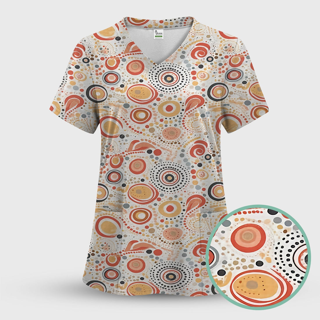 Abstract Earth Tone Dot Circle Nurse Scrub Top