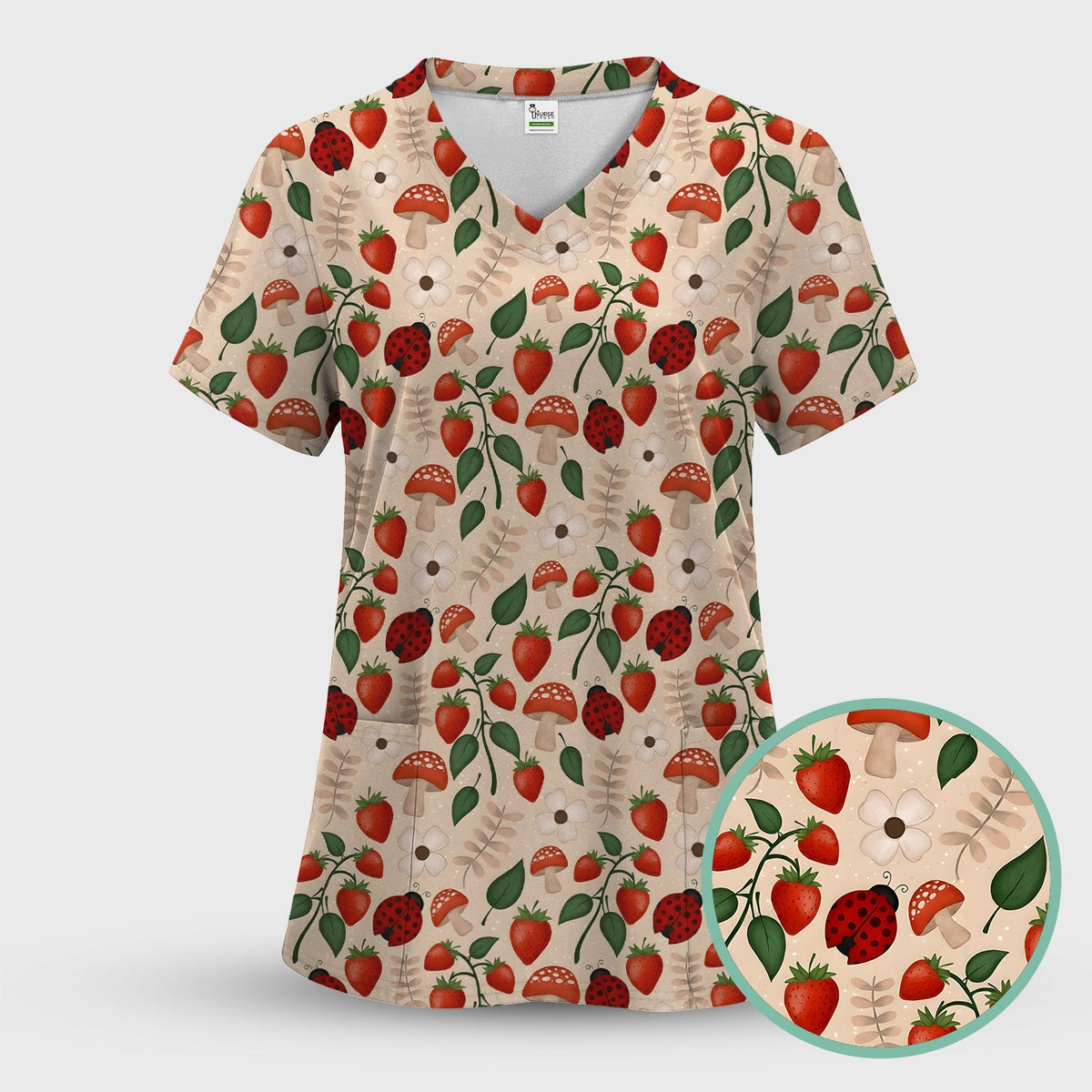 Strawberry Ladybug Mushroom Floral Nurse Scrub Set