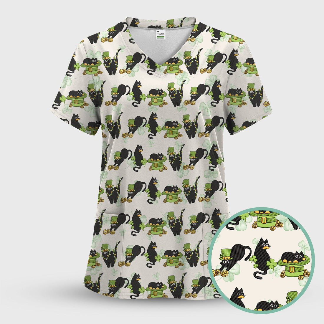 St Patrick Black Cat Clover Nurse Scrub Top
