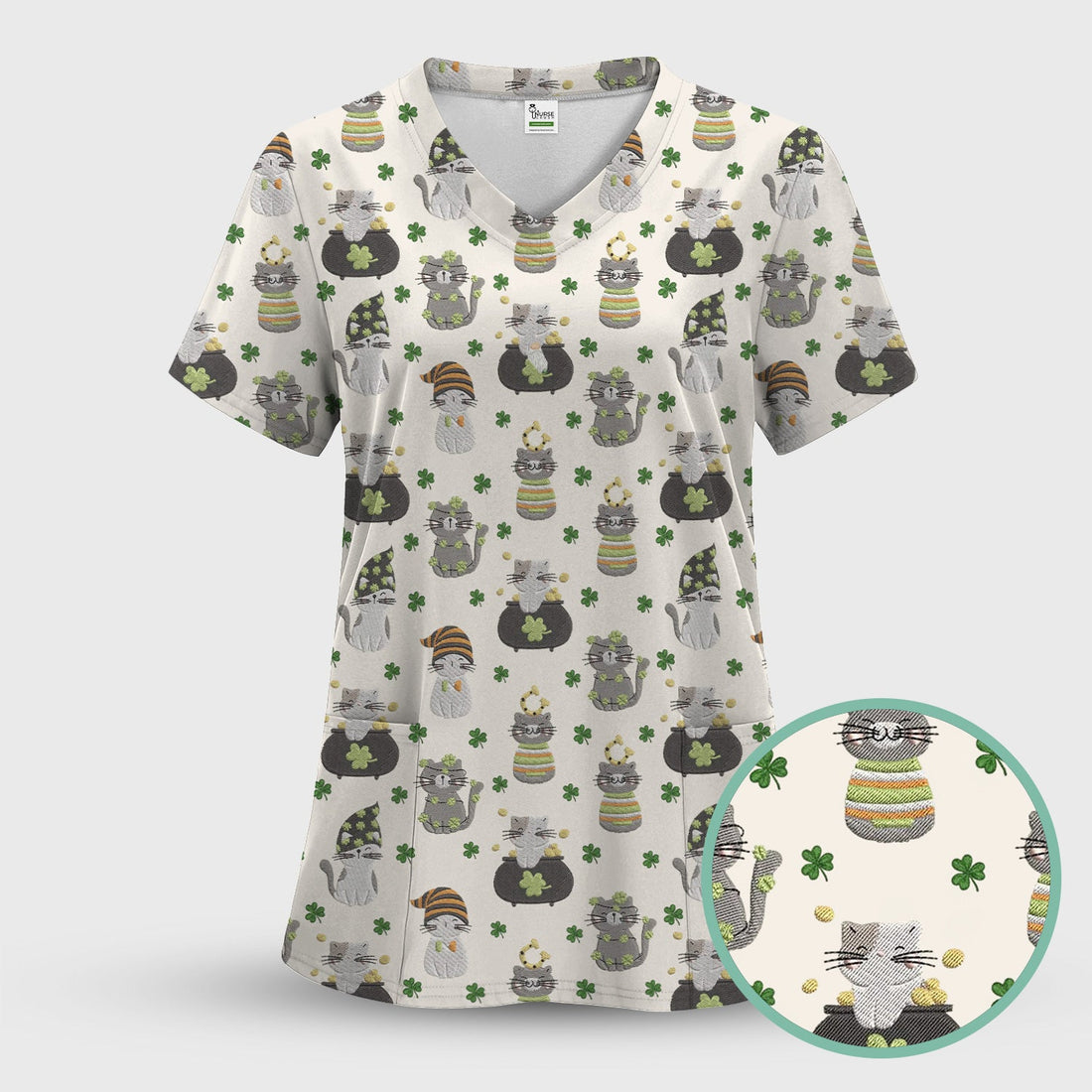 St Patrick Lucky Cat Shamrock Nurse Scrub Top